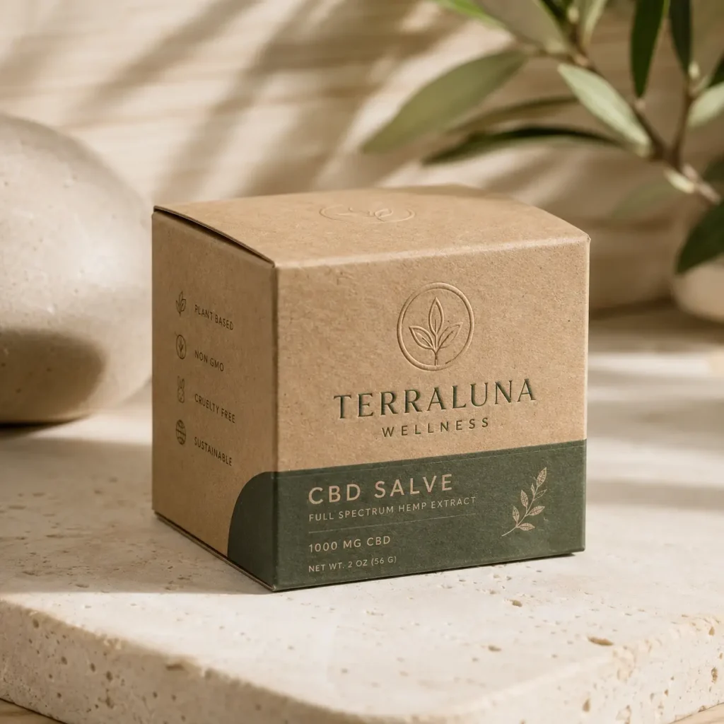 Terraluna Wellness CBD Salve kraft box packaging with dark green band, plant-based cruelty-free icons, natural wellness branding design