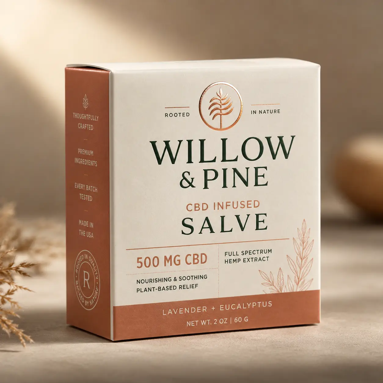 Willow & Pine CBD Infused Salve 500mg premium product packaging box in cream and terracotta with botanical design