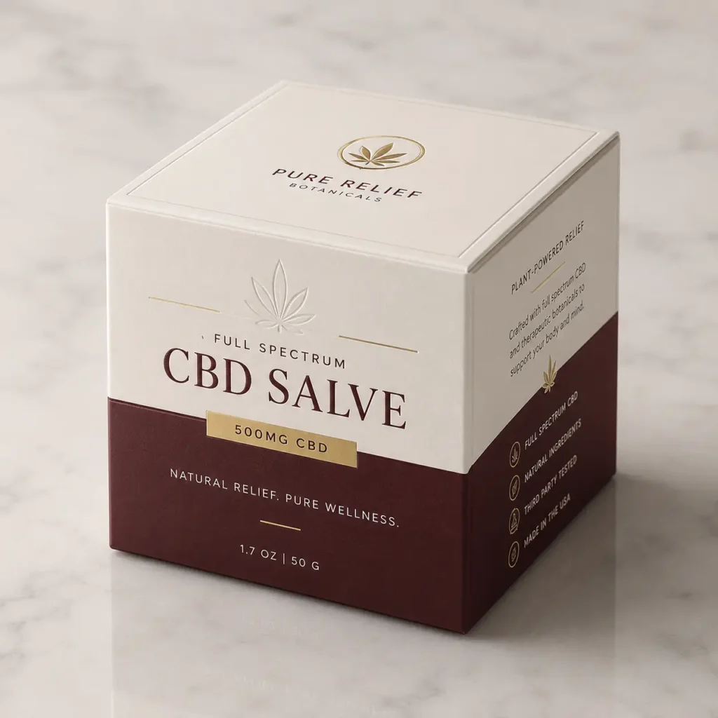 Pure Relief Botanicals white and burgundy CBD salve 500mg luxury custom box packaging on marble surface
