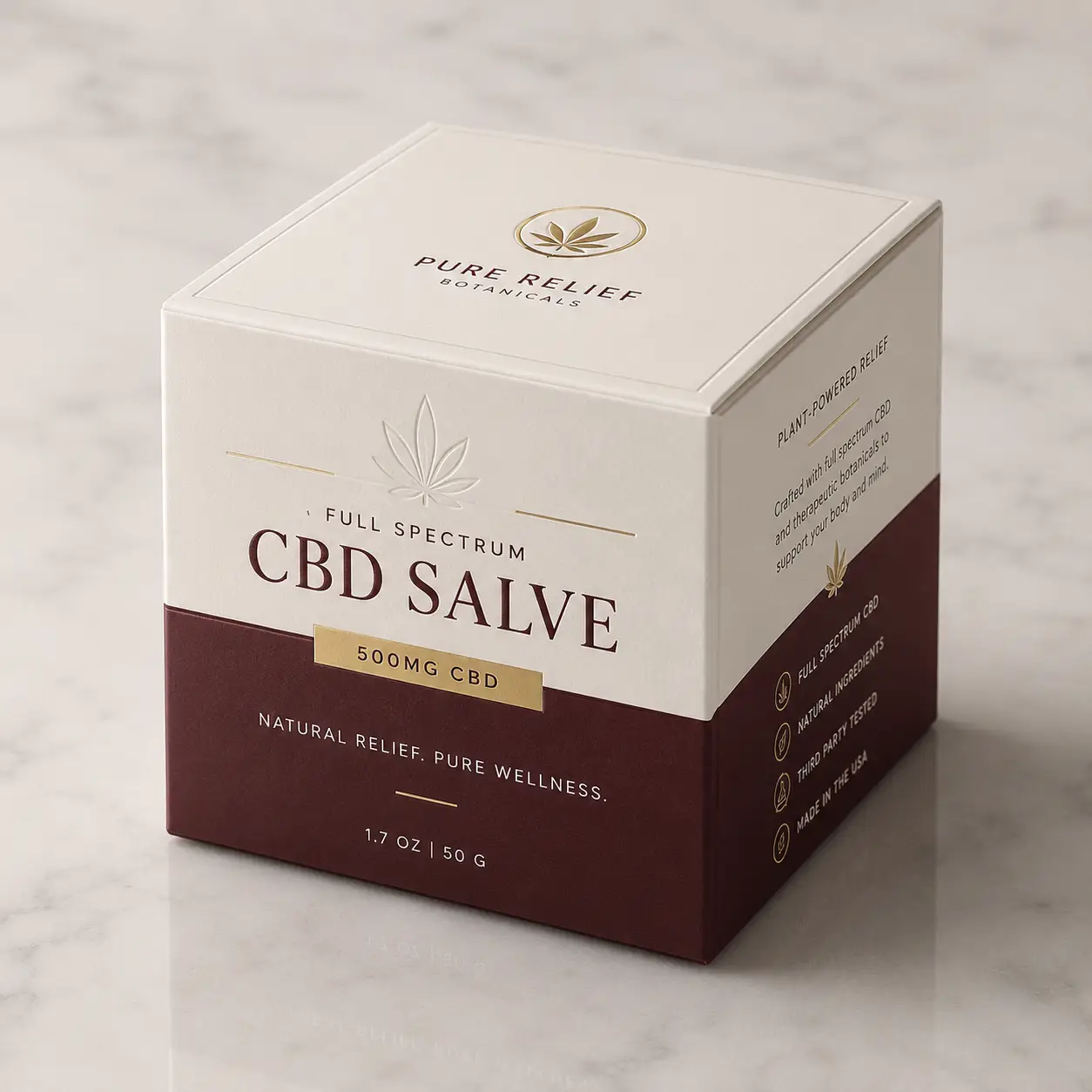 Pure Relief Botanicals white and burgundy CBD salve 500mg luxury custom box packaging on marble surface