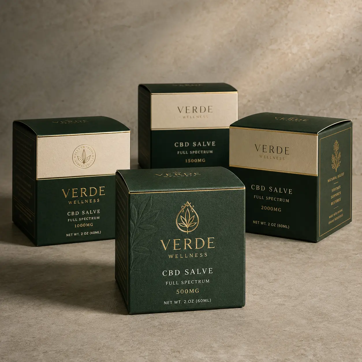 Four Verde Wellness CBD salve boxes in dark green and gold, displaying 500mg, 1000mg, 1500mg, and 2000mg premium luxury packaging