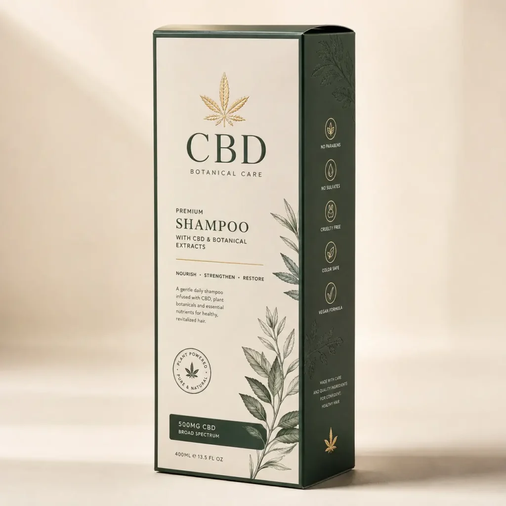 CBD Botanical Care premium shampoo box packaging, dark green and cream tones, 500mg broad spectrum, luxury botanical design