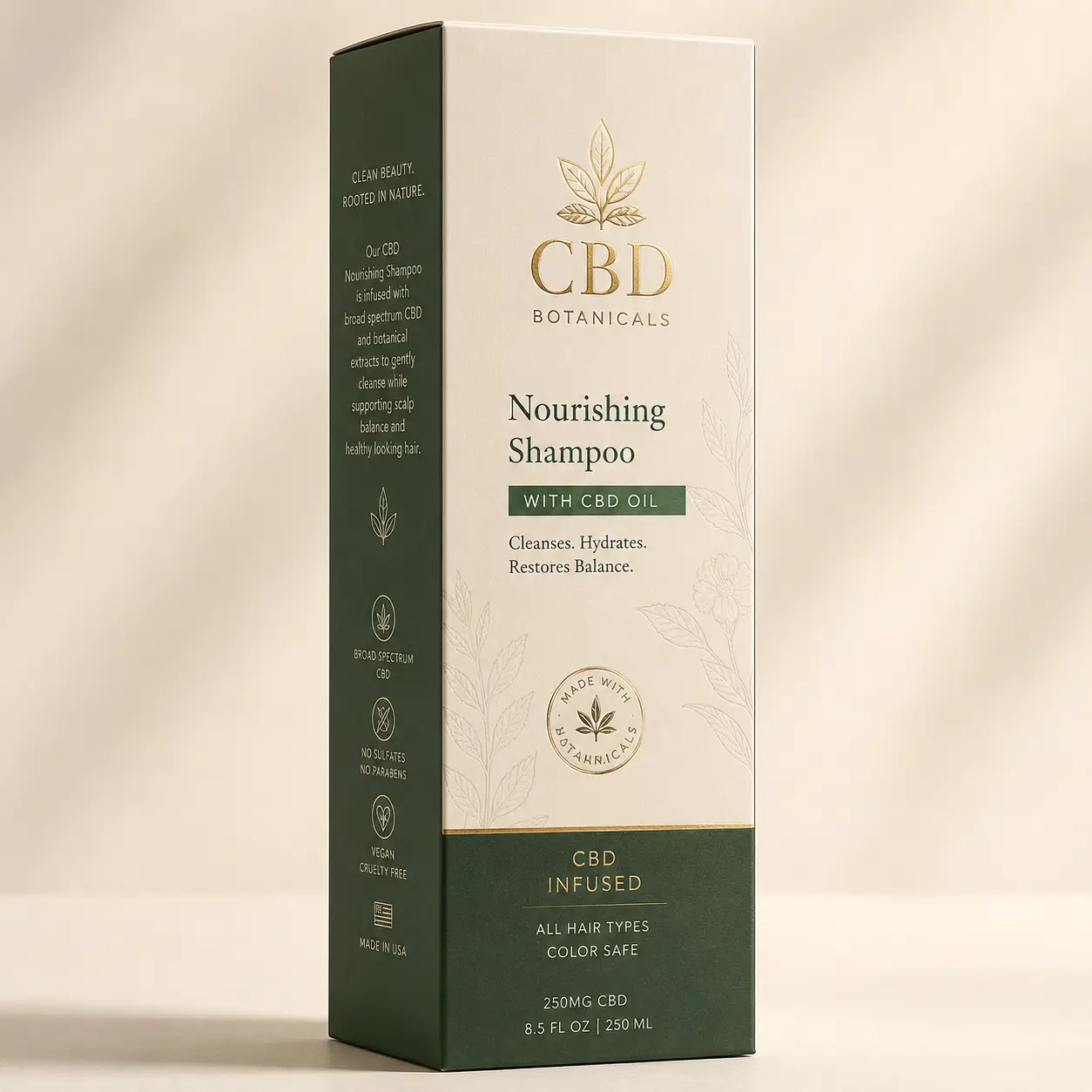 CBD Botanicals Nourishing Shampoo box packaging in white and dark green with gold accents, 250mg CBD oil, 8.5 fl oz, luxury design