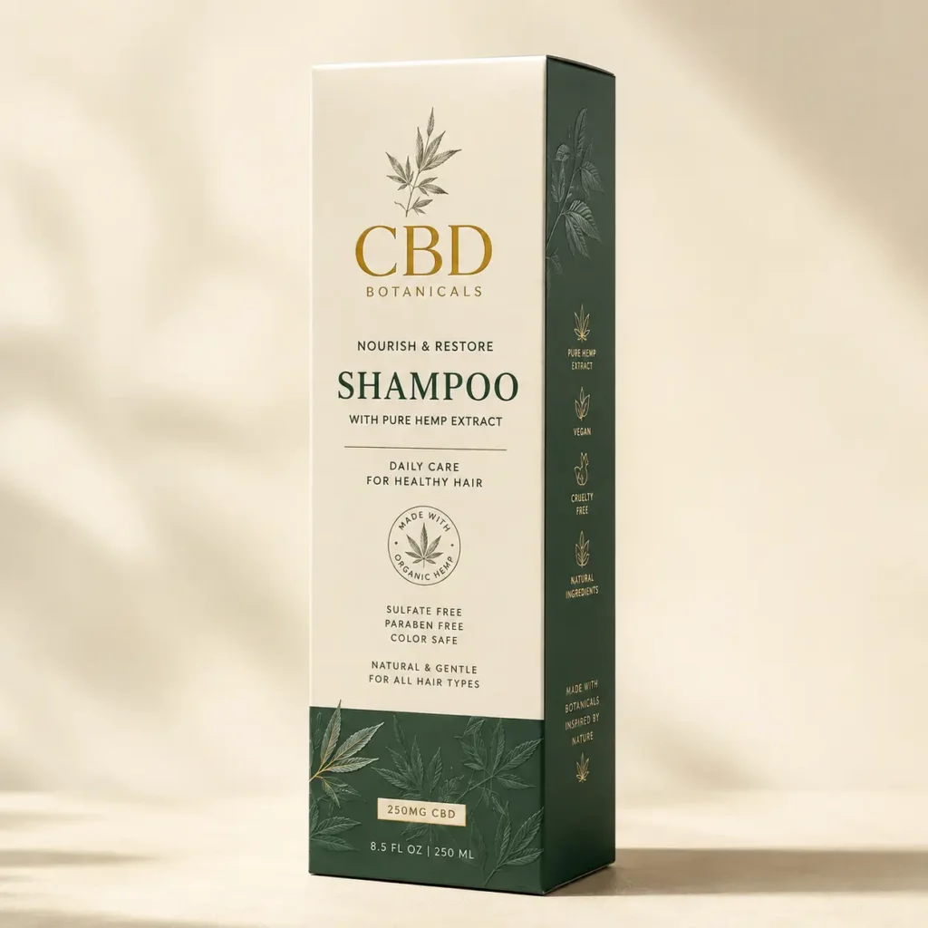 CBD Botanicals Nourish & Restore Shampoo 250mg hemp extract box, white and dark green premium packaging, 250ml