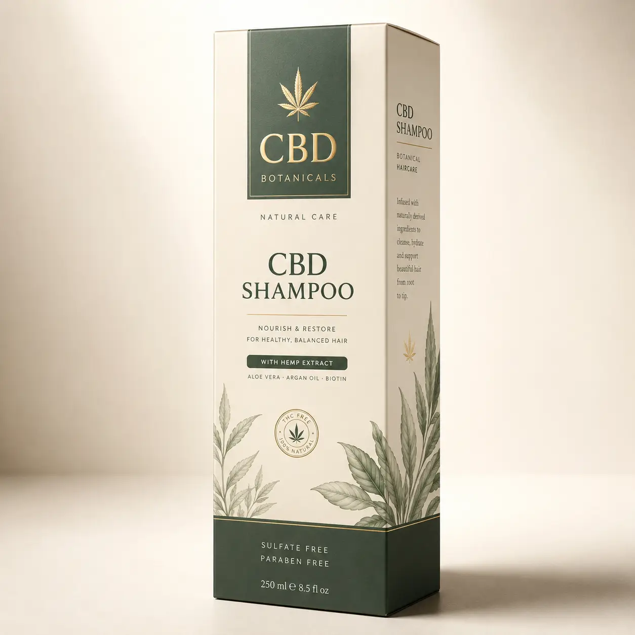 Elegant CBD Botanicals shampoo box packaging, cream and dark green design, hemp extract, sulfate-free, premium botanical haircare product