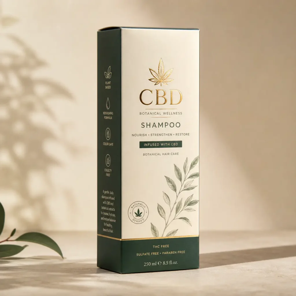 CBD Botanical Wellness shampoo box packaging, cream and dark green luxury design with gold accents, botanical leaf illustration, 250ml