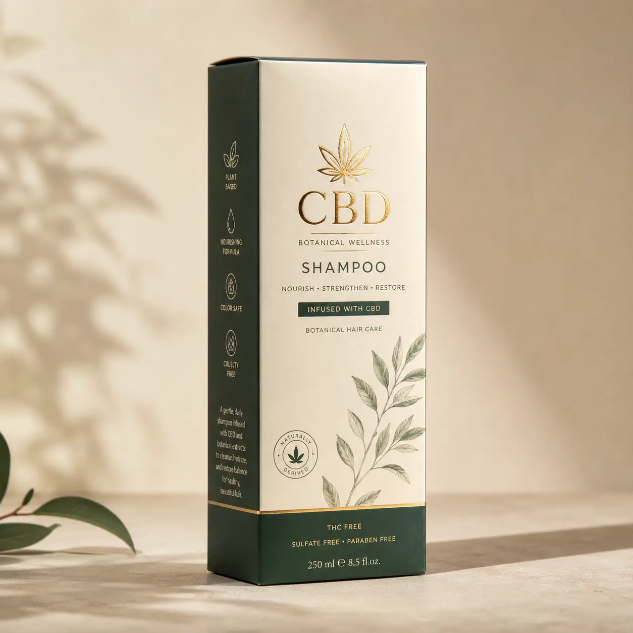CBD Botanical Wellness shampoo box packaging, cream and dark green luxury design with gold accents, botanical leaf illustration, 250ml