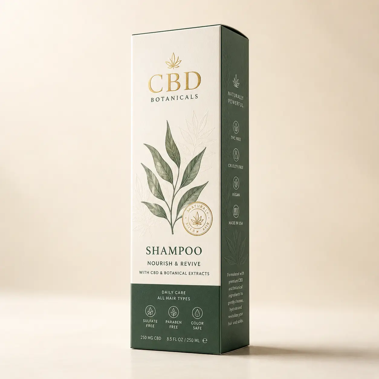 CBD Botanicals white and green luxury shampoo box packaging, gold foil branding, botanical leaf design, 250ml premium hair care product