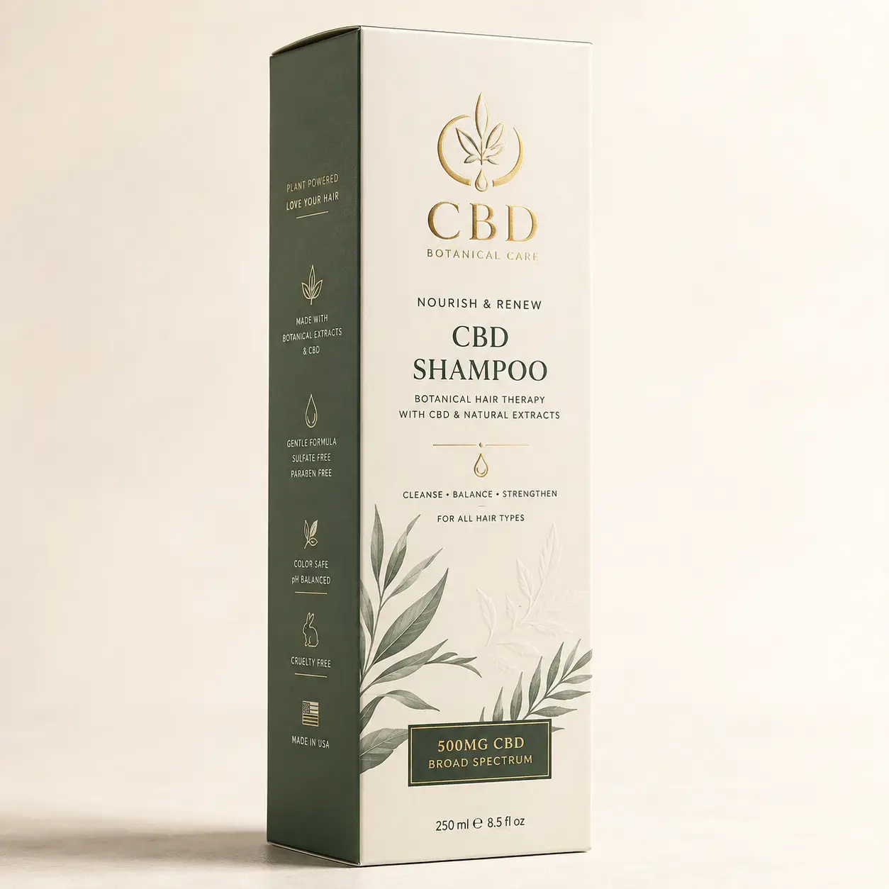 CBD Botanical Care shampoo box, white and dark green luxury packaging, 500mg broad spectrum, botanical hair therapy, 250ml