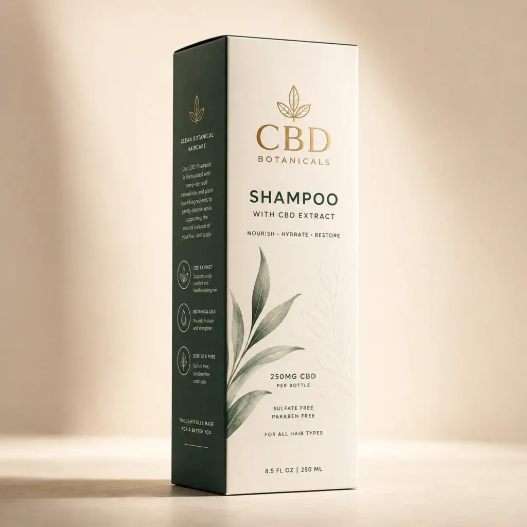CBD Botanicals luxury shampoo box packaging, white and dark green with gold accents, botanical leaf design, 250mg CBD extract, 250ml
