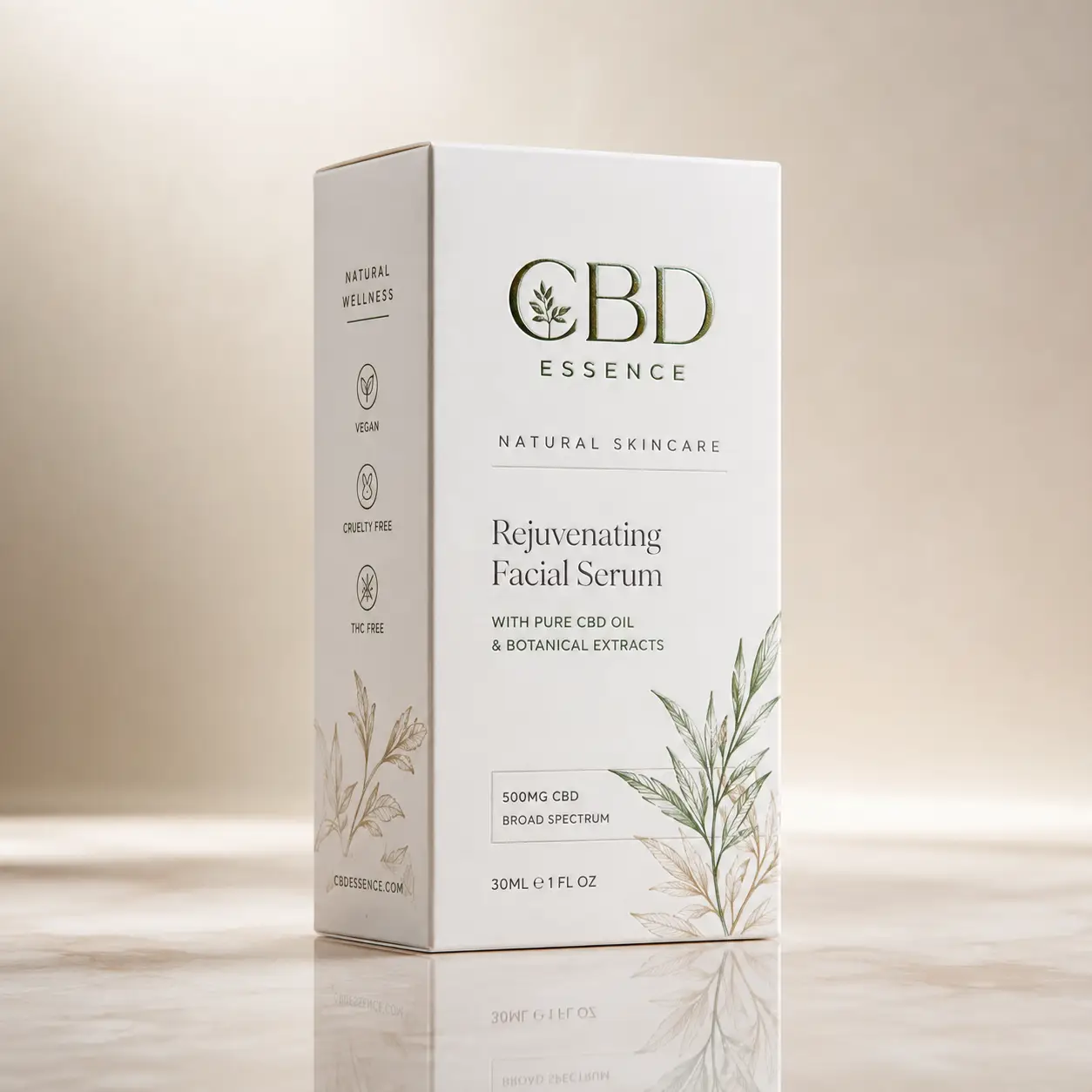 White CBD Essence Rejuvenating Facial Serum luxury skincare box packaging with botanical illustrations on marble surface
