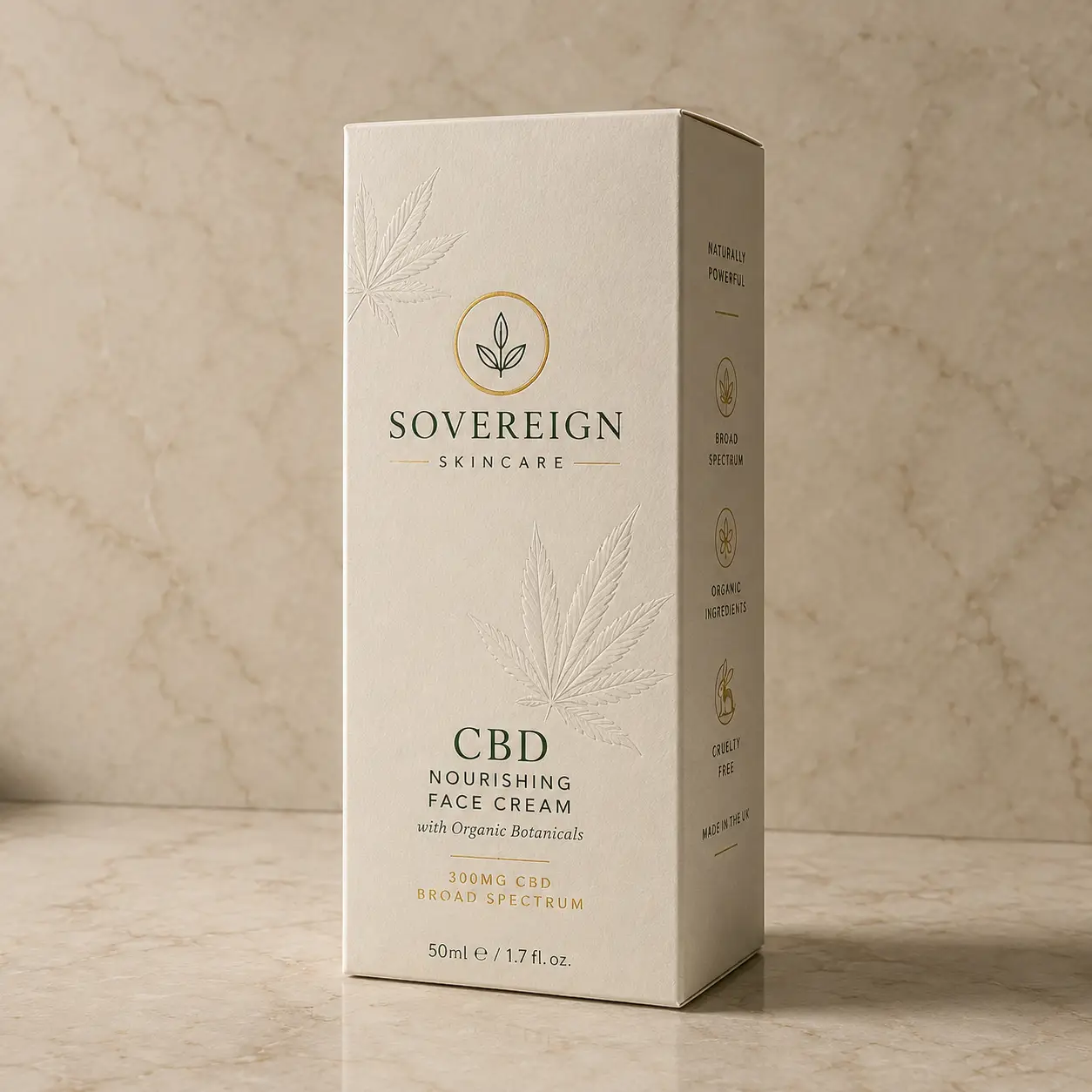Sovereign Skincare CBD Nourishing Face Cream 50ml luxury cream box with gold accents on marble surface, elegant cannabis leaf embossing