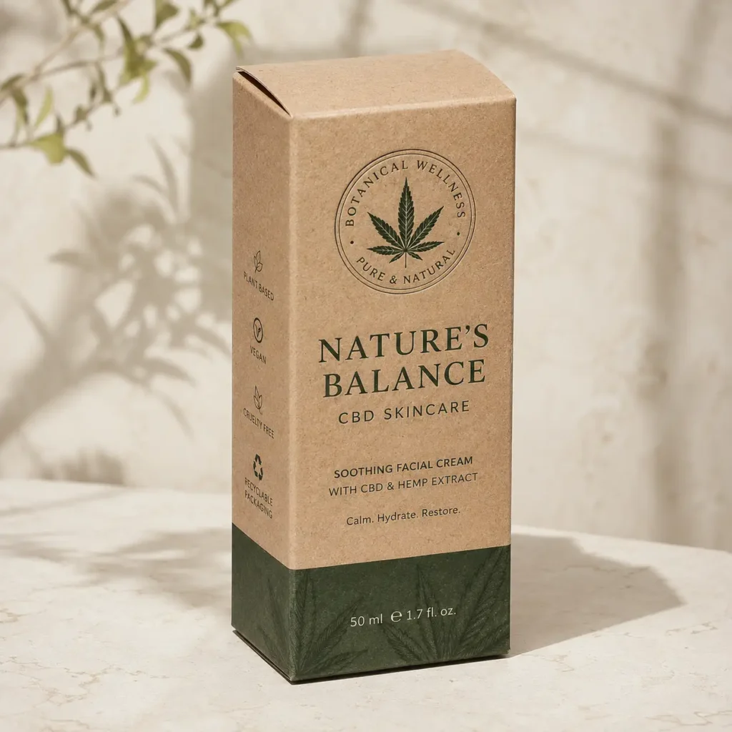 Kraft brown CBD skincare box Nature's Balance facial cream with dark green hemp leaf logo on marble surface