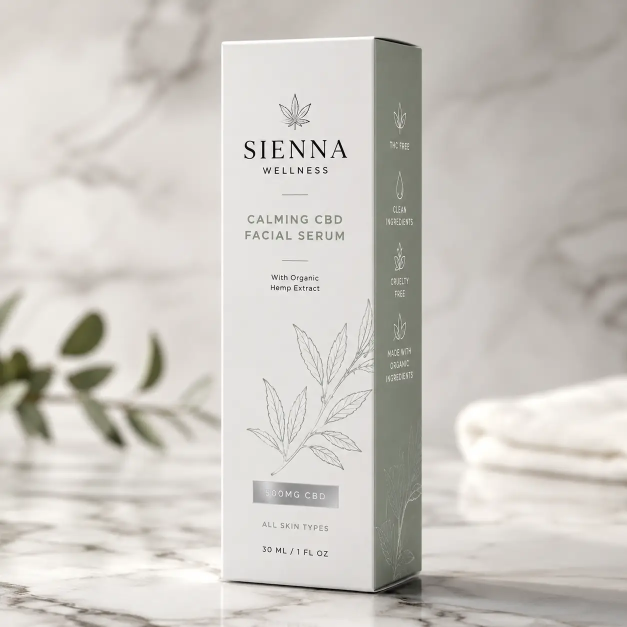 Sienna Wellness Calming CBD Facial Serum 500mg white luxury packaging box on marble surface with sage green side panel