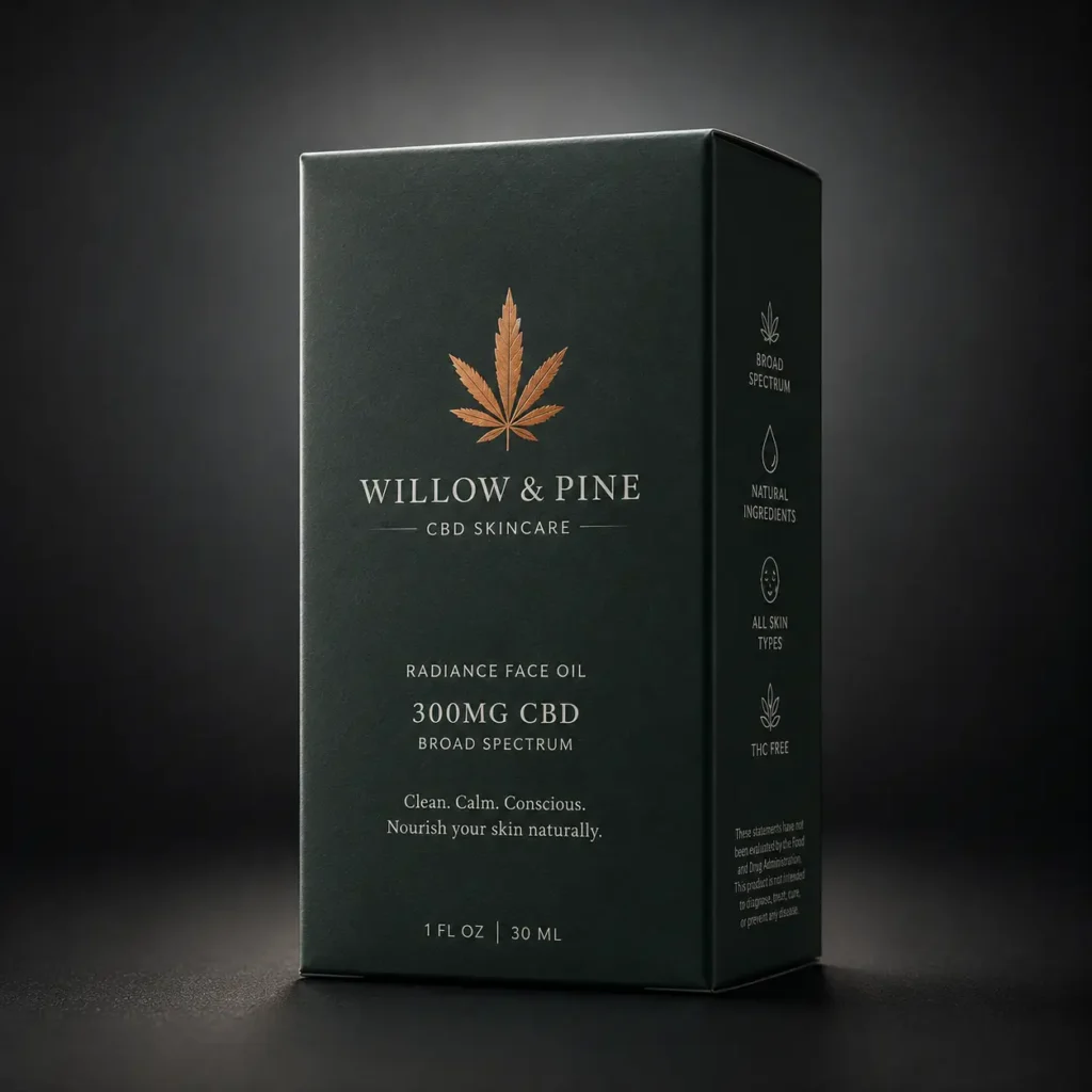 Dark green luxury CBD skincare box packaging for Willow & Pine 300mg Radiance Face Oil with copper cannabis leaf logo