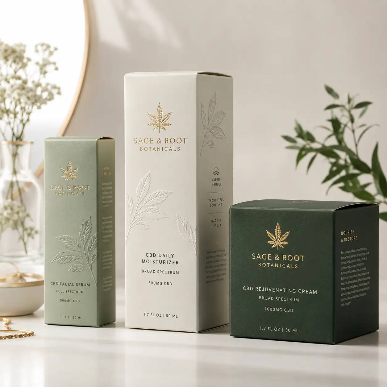 Sage & Root Botanicals luxury CBD skincare packaging set featuring sage green serum, white moisturizer, and dark green cream boxes with gold cannab...