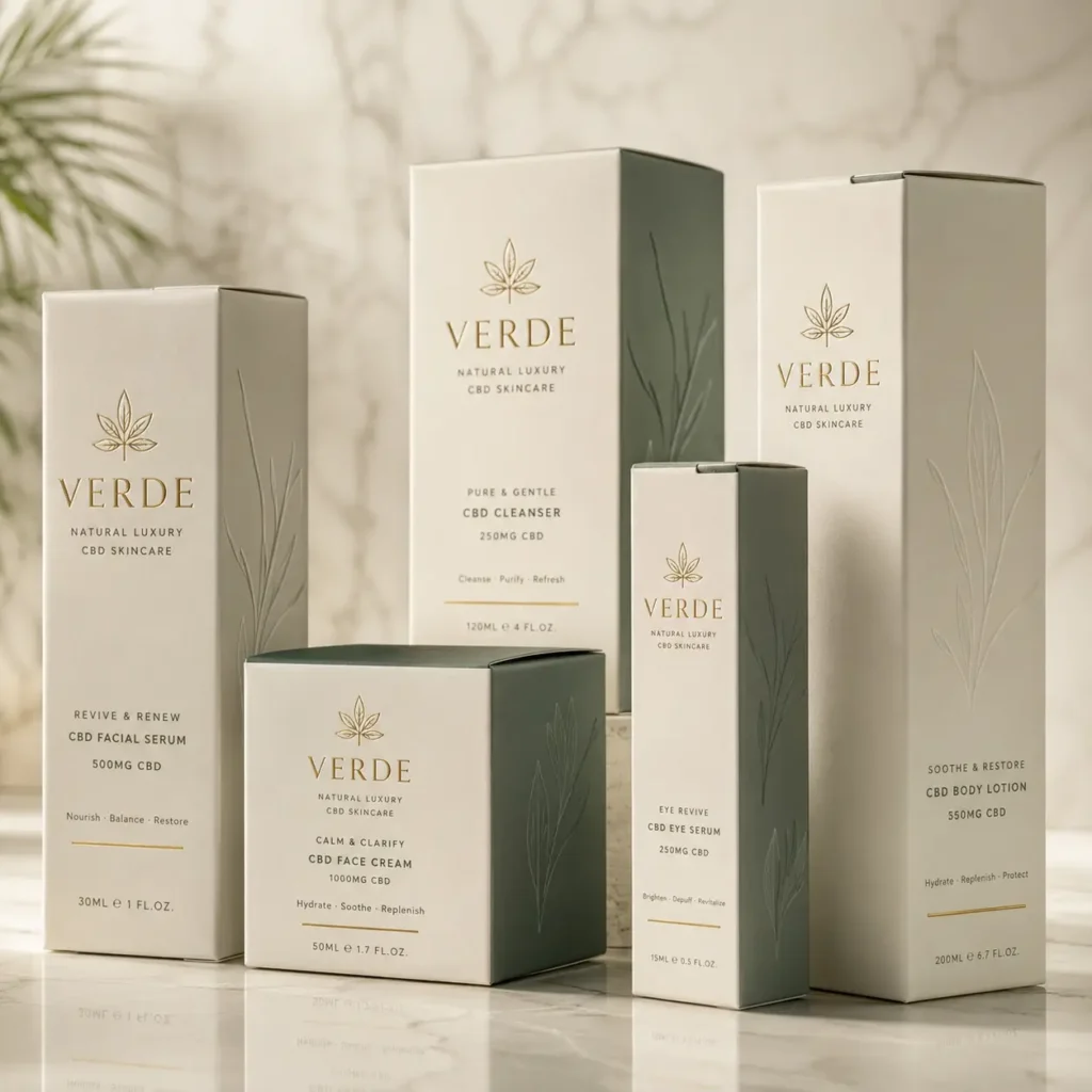 Verde CBD skincare luxury packaging collection in sage green and cream with gold foil branding on marble surface