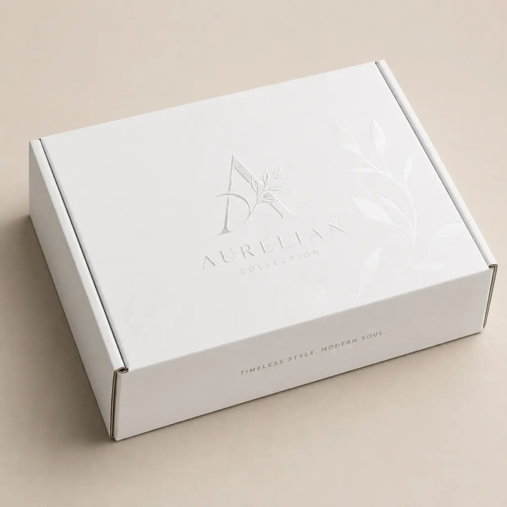 White luxury mailer box with embossed Aurelian Collection logo and botanical design on beige background, custom premium packaging