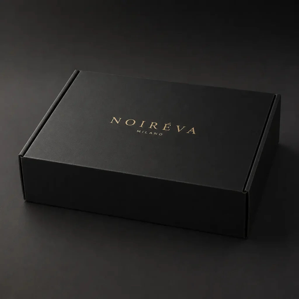 Luxury black mailer box with gold foil NOIRÉVA MILANO logo, elegant premium packaging design on dark background