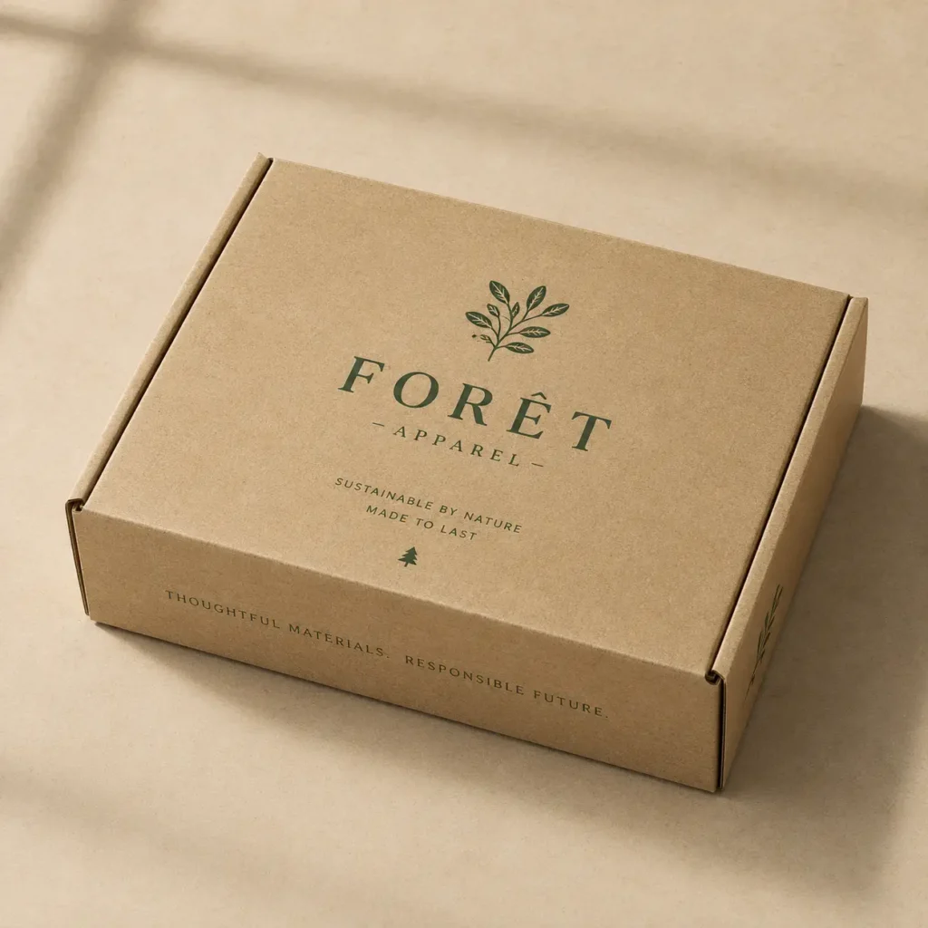 Kraft cardboard mailer box with green Forêt Apparel logo, sustainable packaging design, botanical leaf print, eco-friendly branding