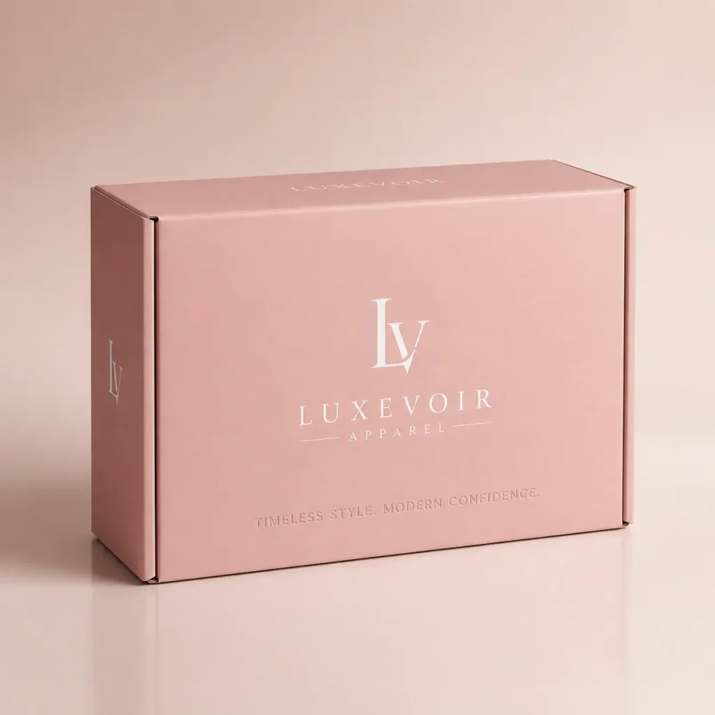 Luxevoir Apparel blush pink custom mailer box with white LV monogram logo, luxury retail packaging by The Packaging Masters