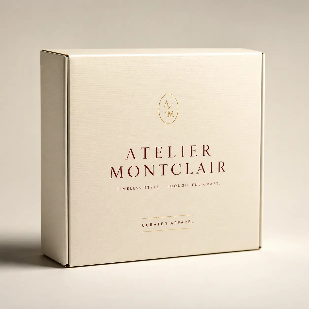 Luxury cream rigid apparel box with gold monogram and deep burgundy Atelier Montclair branding on textured surface