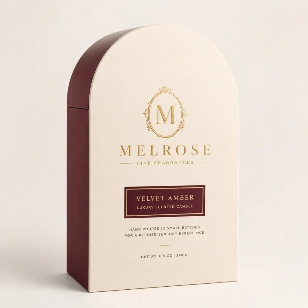 Melrose Fine Fragrances Velvet Amber luxury scented candle in cream and burgundy arch-shaped gift box with gold foil logo