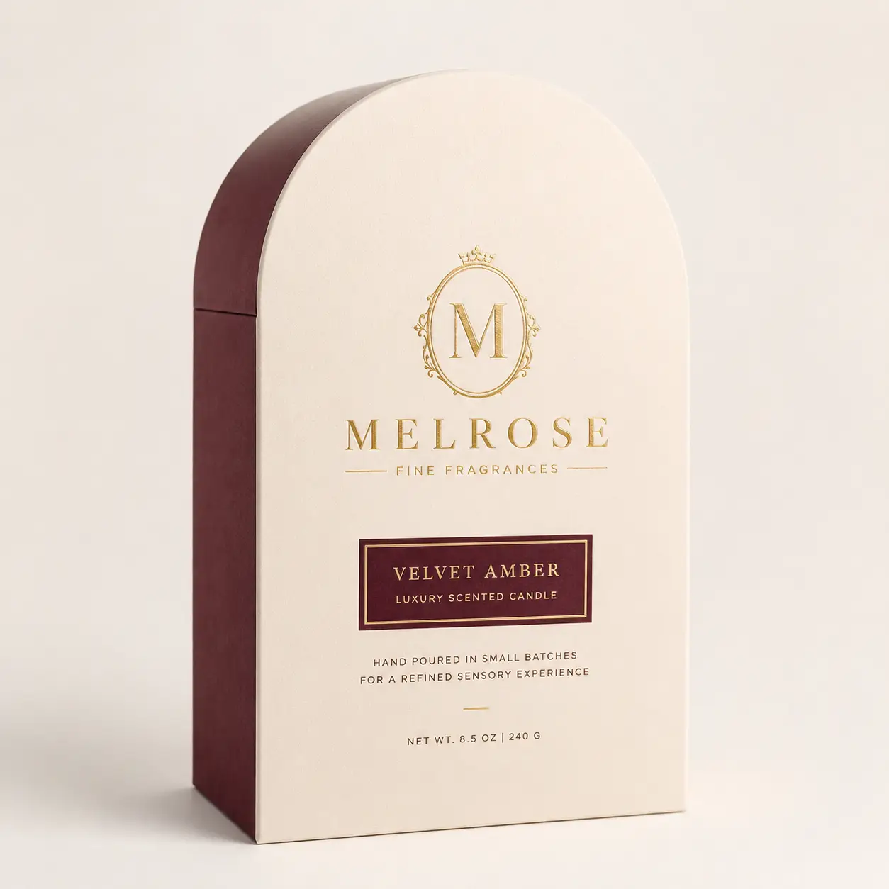Melrose Fine Fragrances Velvet Amber luxury scented candle in cream and burgundy arch-shaped gift box with gold foil logo