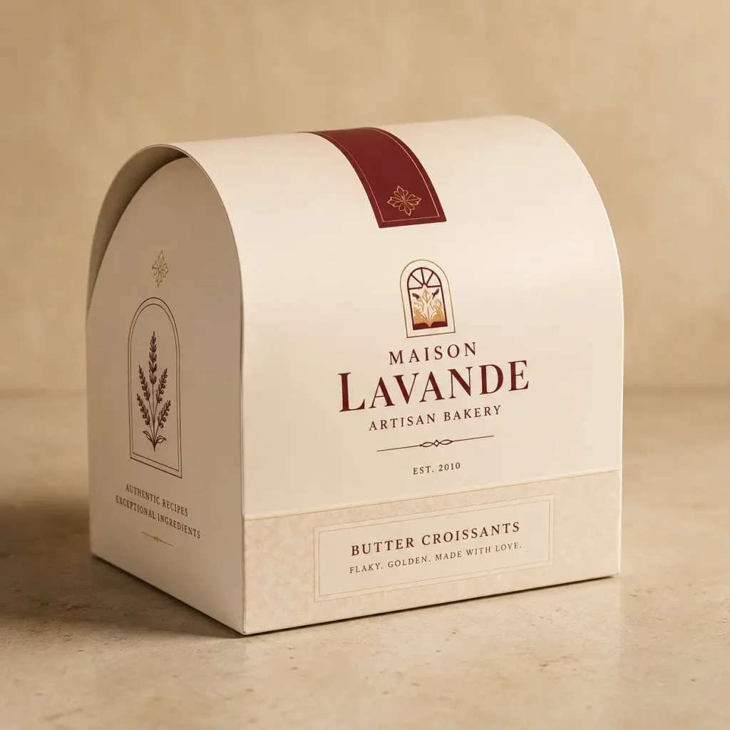Elegant cream bakery box with arched lid, burgundy seal, gold logo for Maison Lavande Artisan Bakery butter croissants packaging design