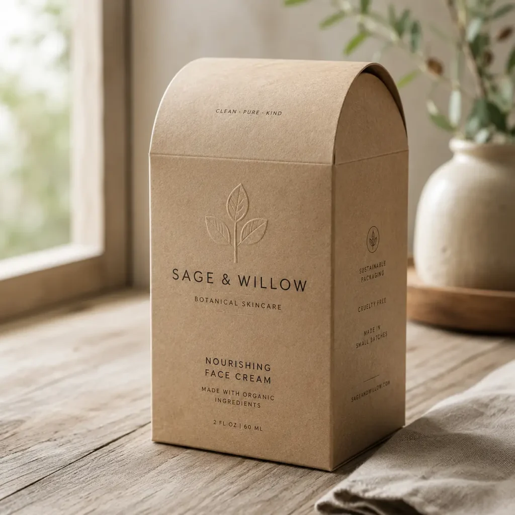 Kraft paper eco-friendly skincare box for Sage & Willow Nourishing Face Cream on rustic wood table, sustainable packaging design