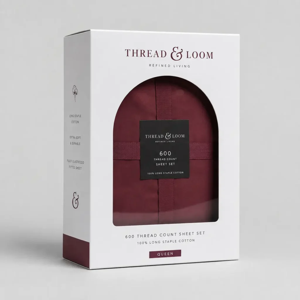 Thread & Loom 600 thread count queen sheet set in burgundy red, elegant white luxury packaging box, 100% long staple cotton