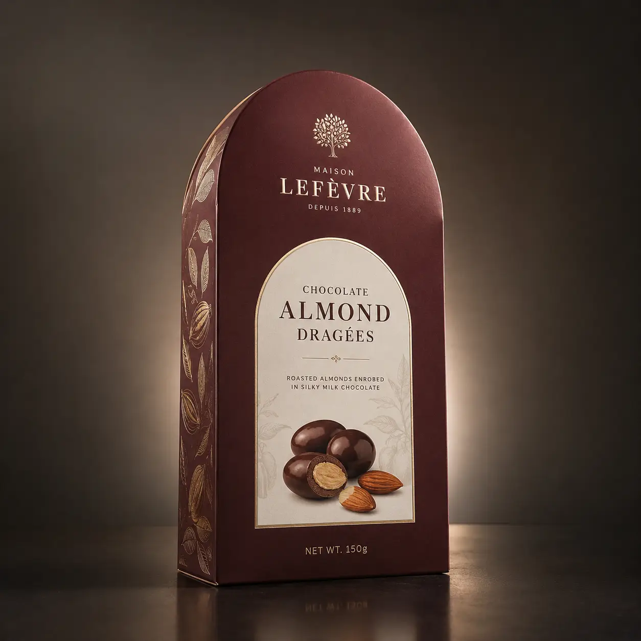 Maison Lefèvre luxury chocolate almond dragées box, deep burgundy arch-top premium confectionery packaging, 150g gift box