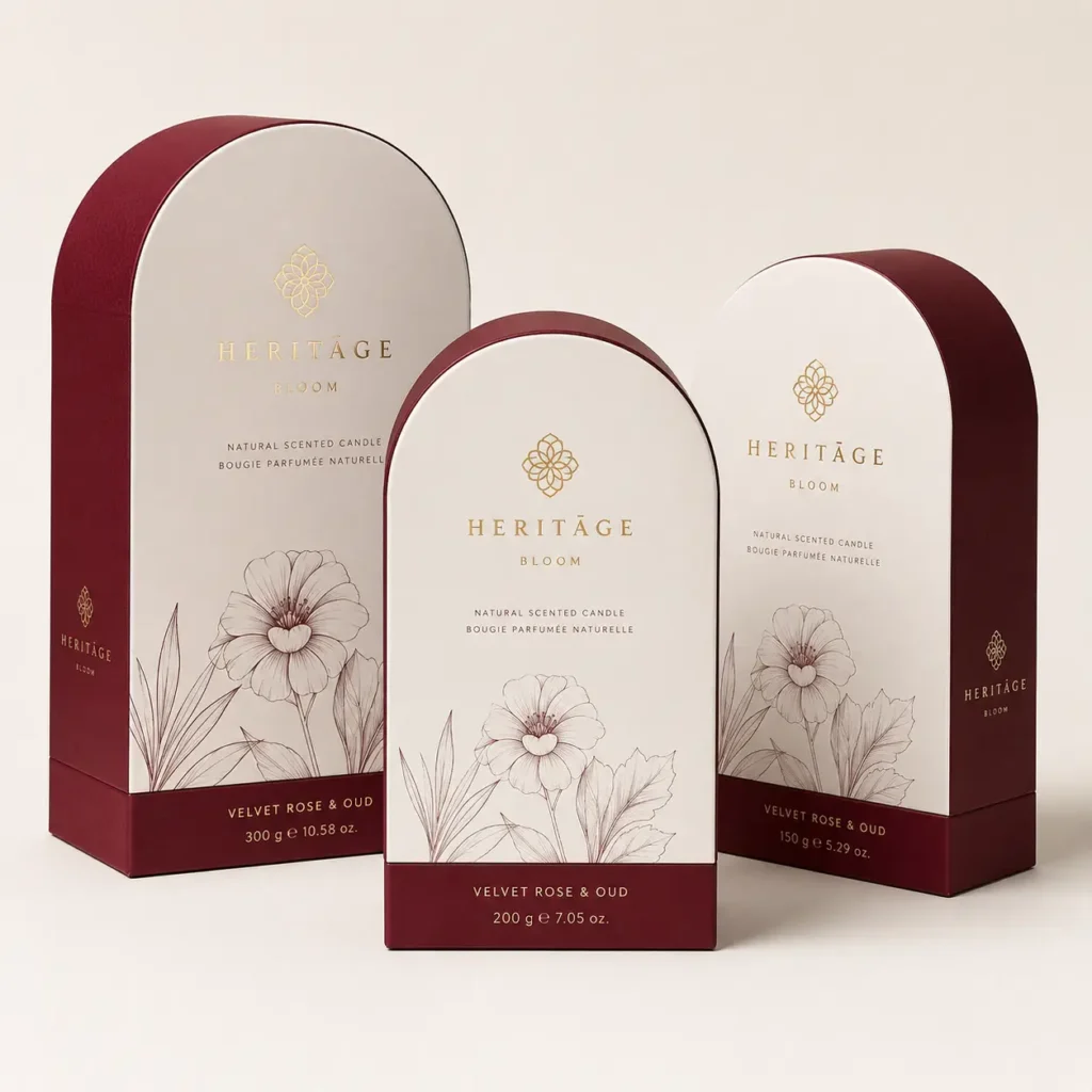 Heritage Bloom luxury scented candle packaging set in deep burgundy and cream arch-shaped boxes, Velvet Rose & Oud fragrance