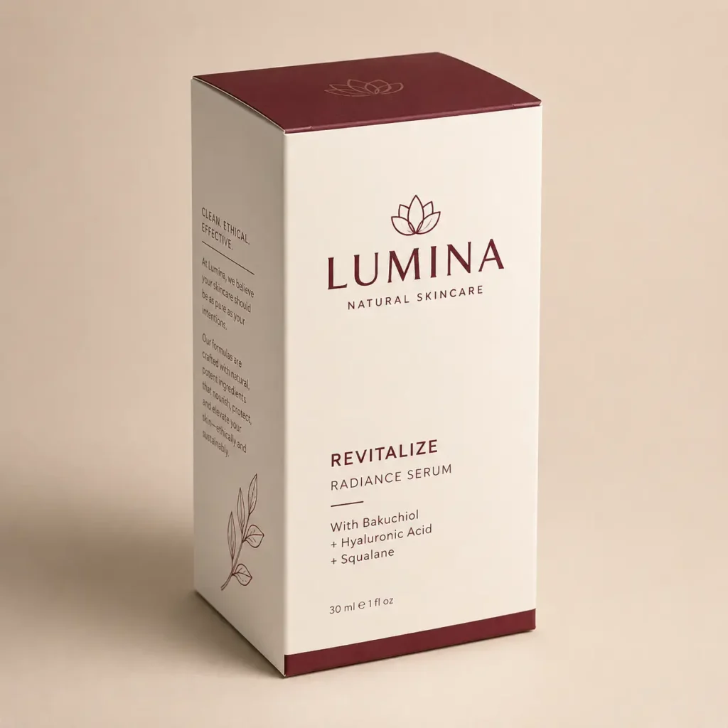 Lumina Natural Skincare Revitalize Radiance Serum box, cream and burgundy luxury packaging with botanical logo, 30ml
