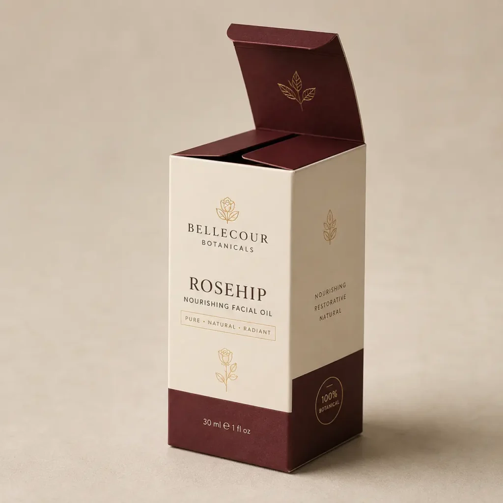 Bellecour Botanicals Rosehip Nourishing Facial Oil 30ml luxury packaging box in deep burgundy and cream with gold foil botanical design