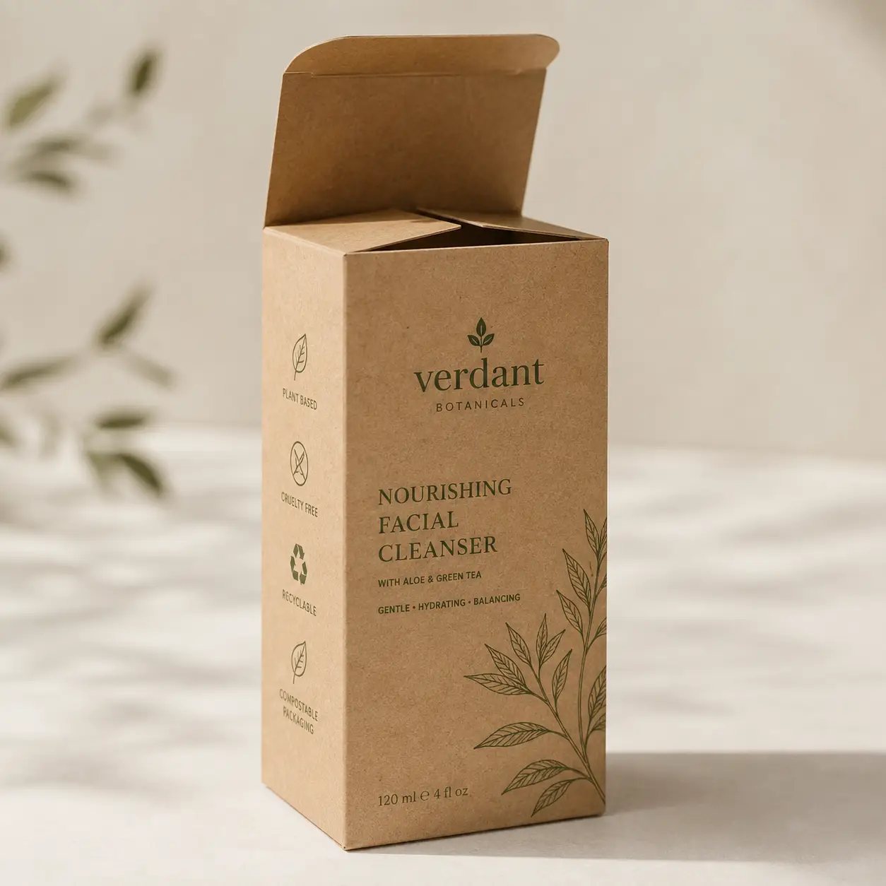 Kraft brown eco-friendly facial cleanser box by Verdant Botanicals with botanical illustrations, plant-based cruelty-free recyclable icons