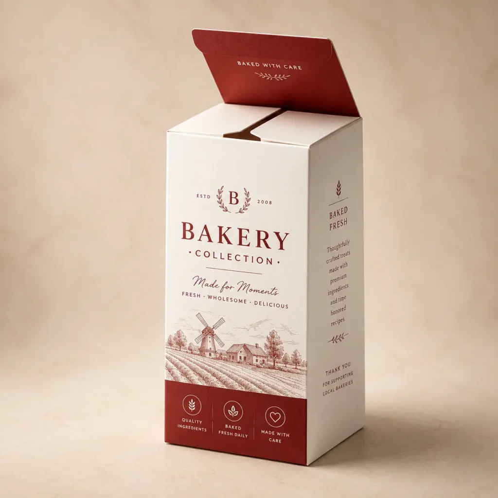 Elegant white and red bakery collection box packaging with windmill illustration, premium custom food box design by The Packaging Masters