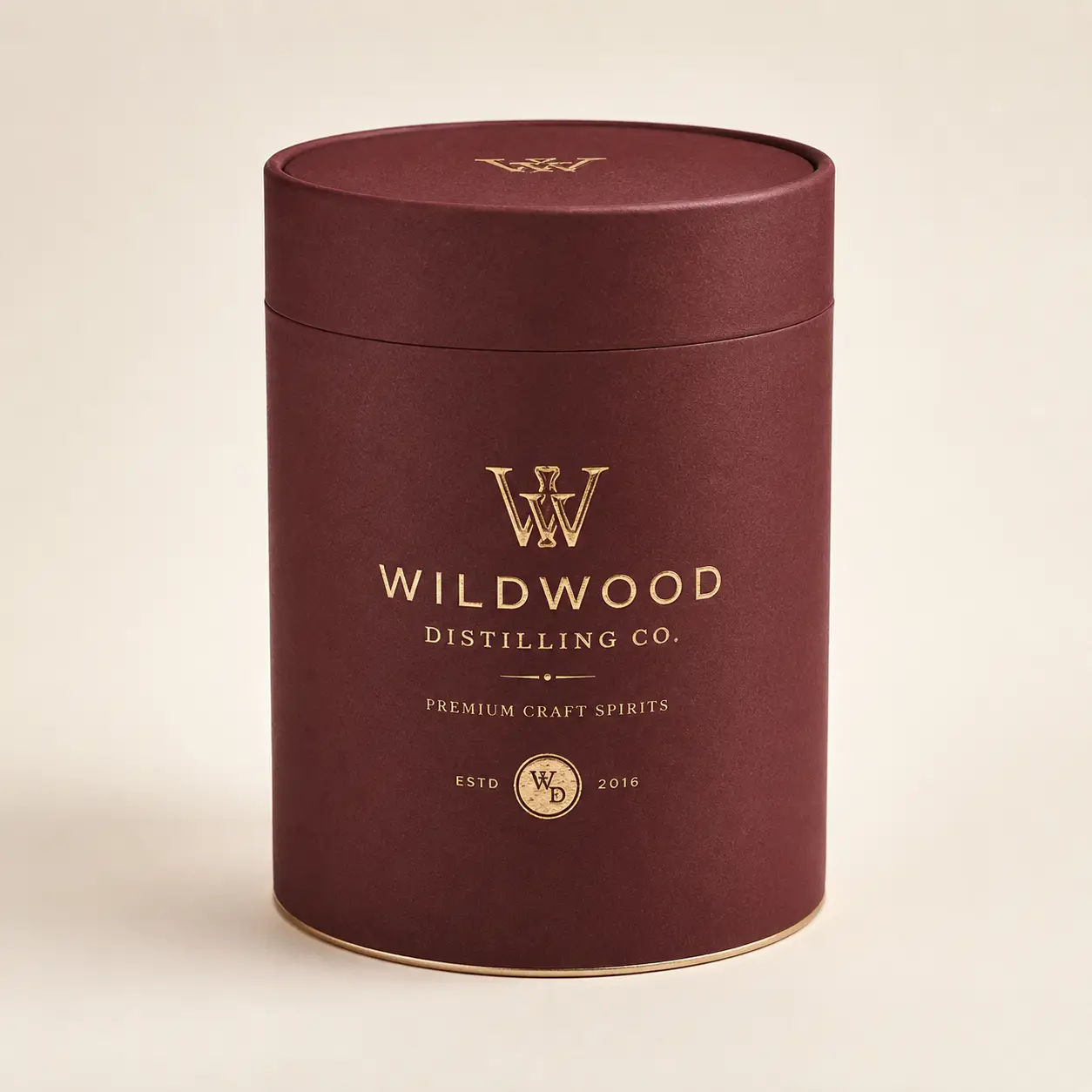 Wildwood Distilling Co premium craft spirits cylindrical gift box in burgundy with gold foil logo, luxury packaging design