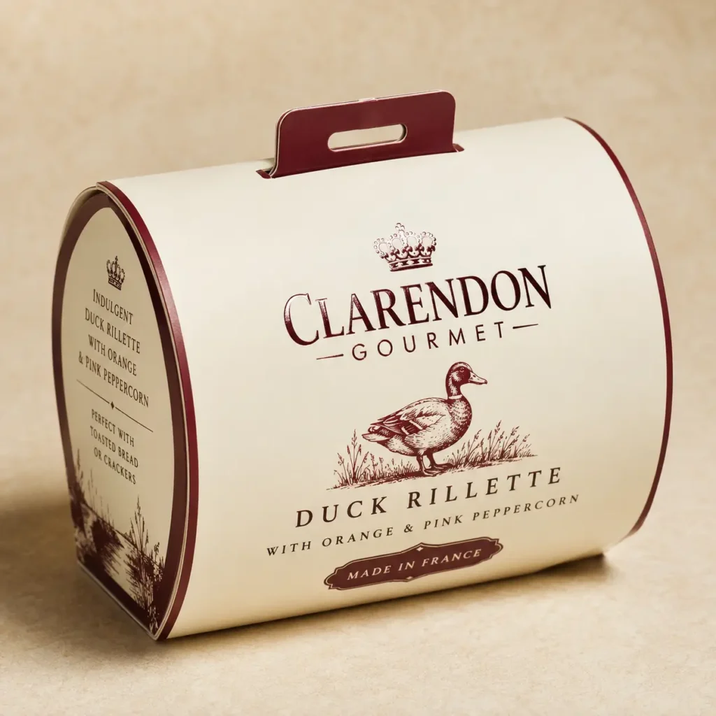 Clarendon Gourmet duck rillette cream and burgundy cylindrical gift packaging with handle, made in France, orange peppercorn