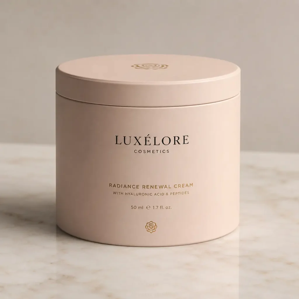 Luxélore Cosmetics blush pink Radiance Renewal Cream jar with gold typography on marble surface, luxury skincare packaging design