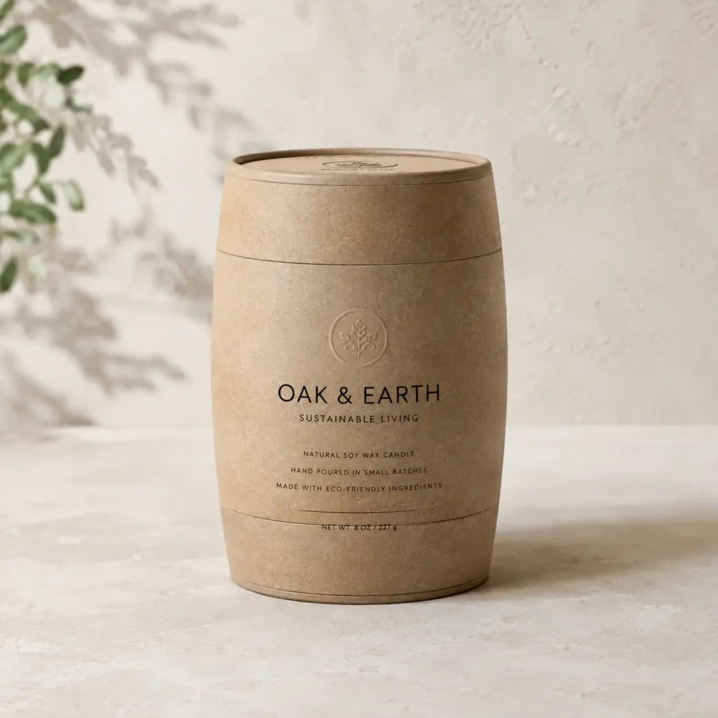 Kraft cardboard tube packaging for Oak & Earth natural soy wax candle, eco-friendly sustainable design, beige neutral tones