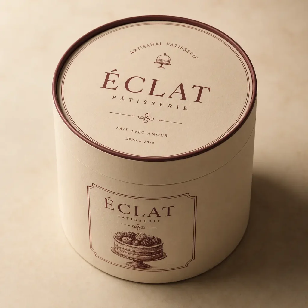 Éclat Pâtisserie cream luxury round cake box packaging with burgundy text, elegant French bakery branding design