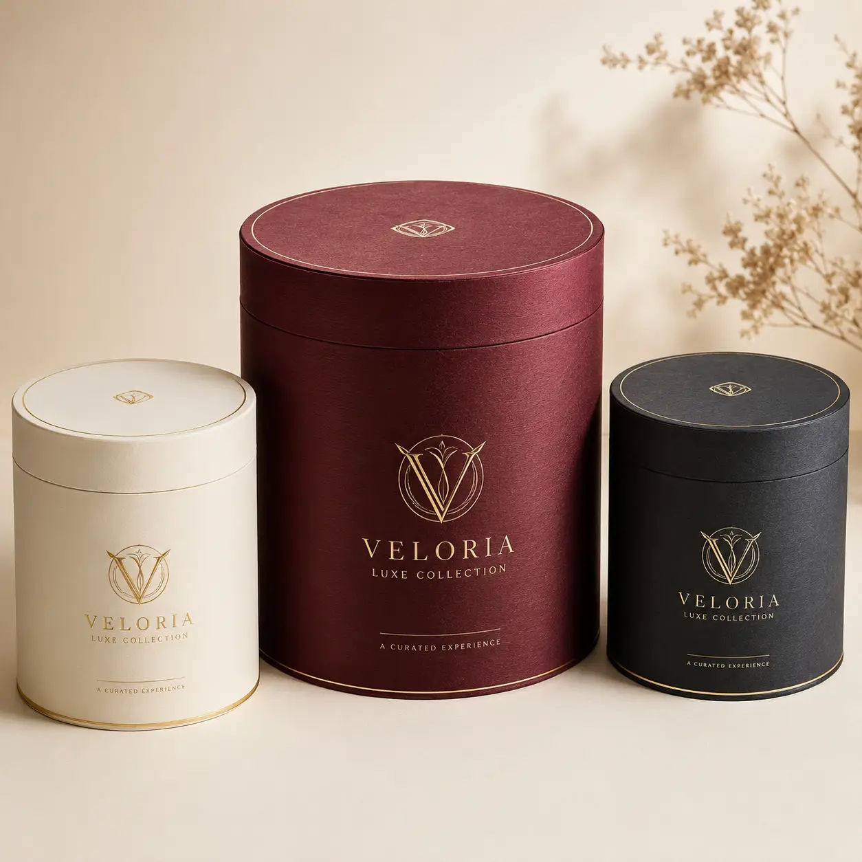 Three luxury cylindrical gift boxes in burgundy, cream, and black with gold Veloria Luxe Collection branding on beige background