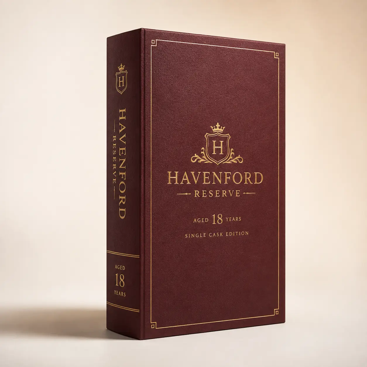 Havenford Reserve 18 Year Single Cask Edition luxury whisky box, deep burgundy with gold foil embossed crest, premium packaging design