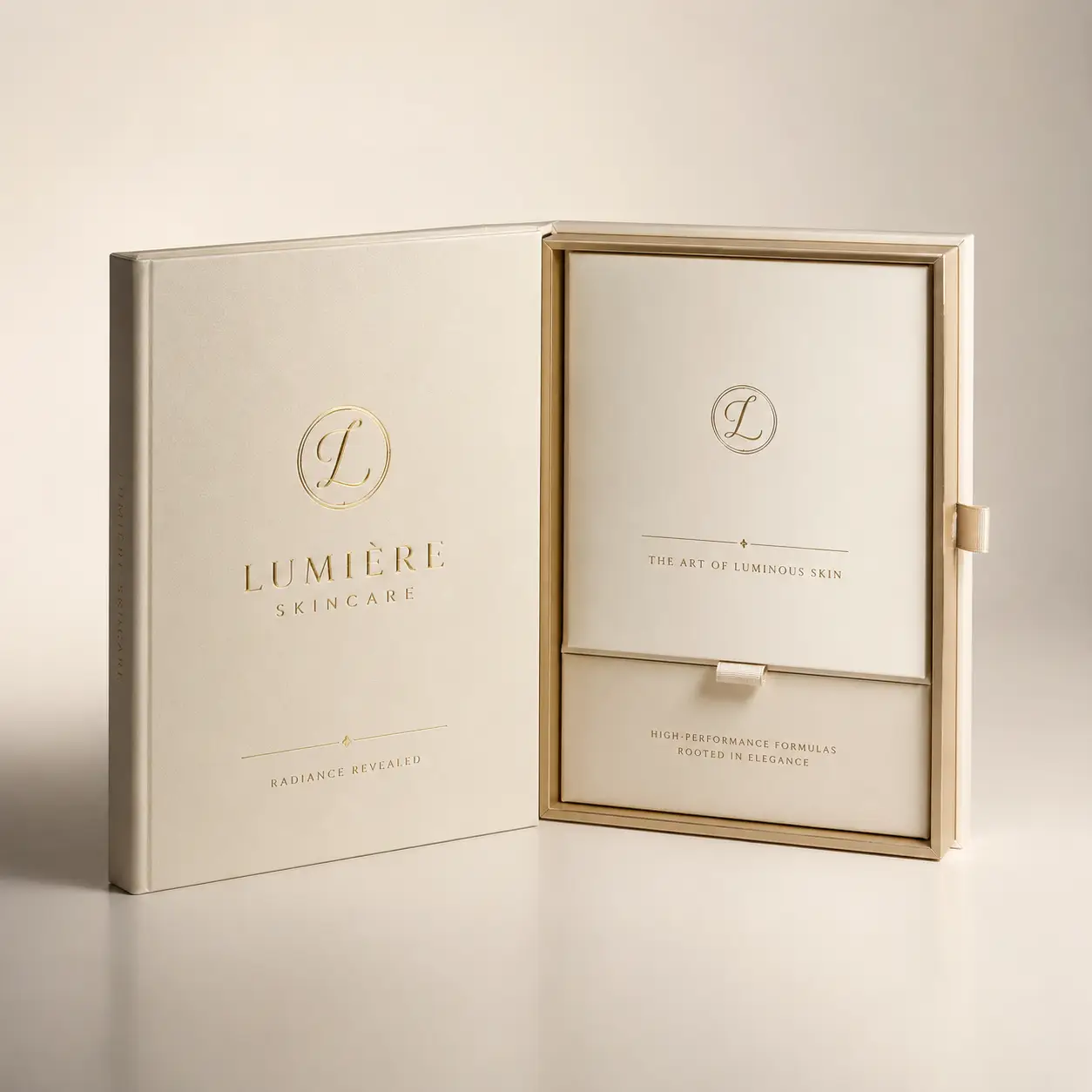 Lumière Skincare luxury gift box packaging in cream and gold, open book-style design with embossed logo and elegant branding