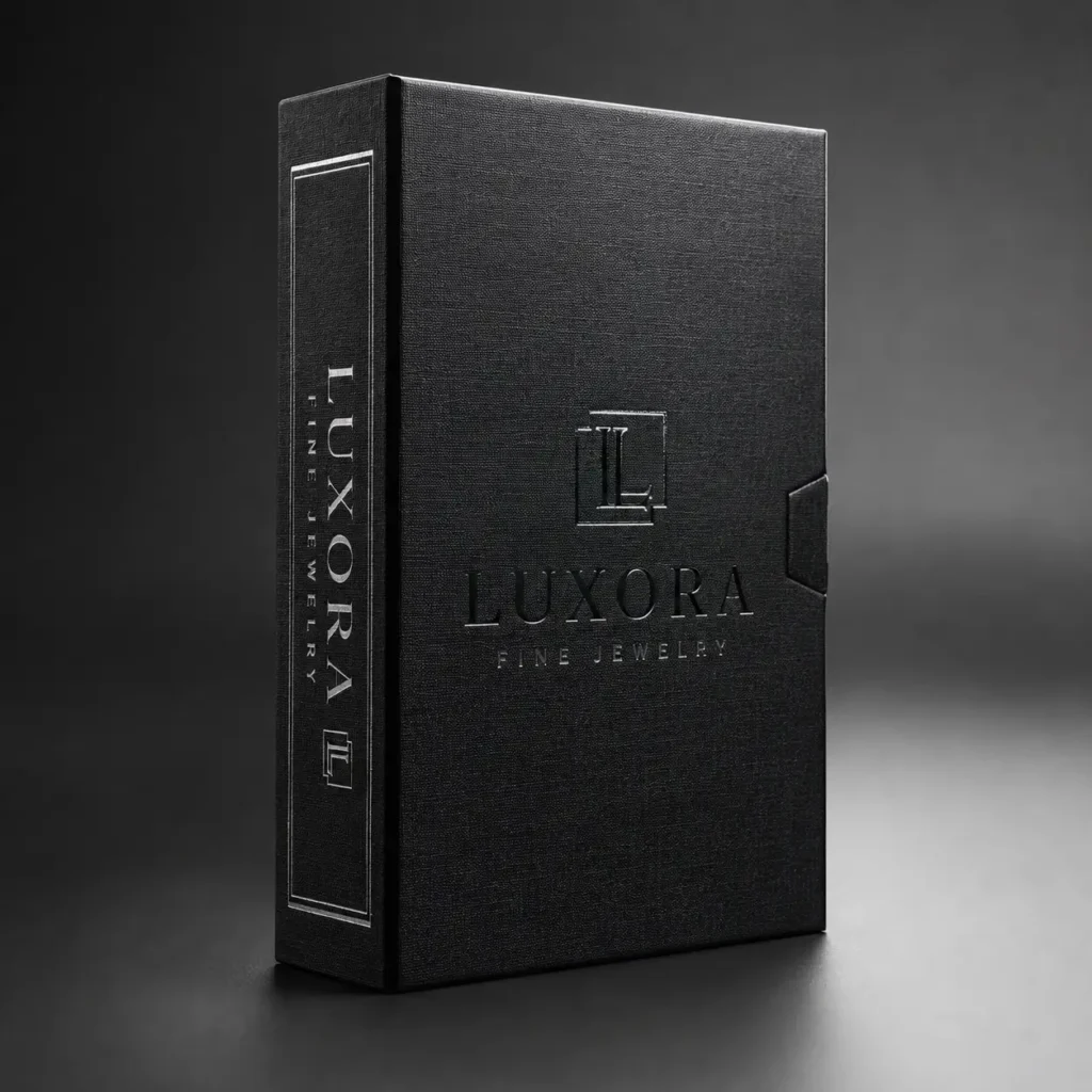 Luxora Fine Jewelry luxury black linen rigid box with embossed logo and silver foil branding on dark background