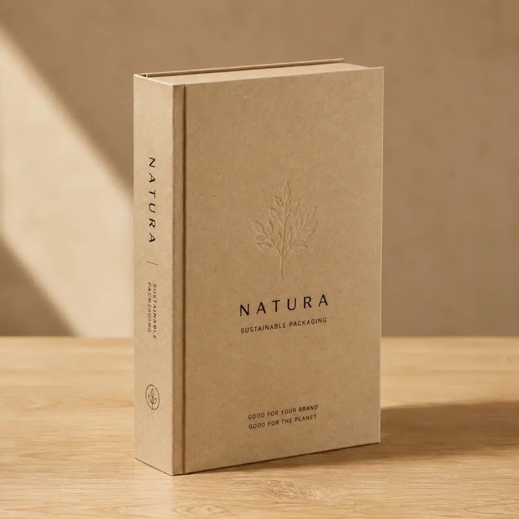 Natura sustainable kraft cardboard book-style rigid box with embossed botanical logo on wooden surface, eco-friendly packaging