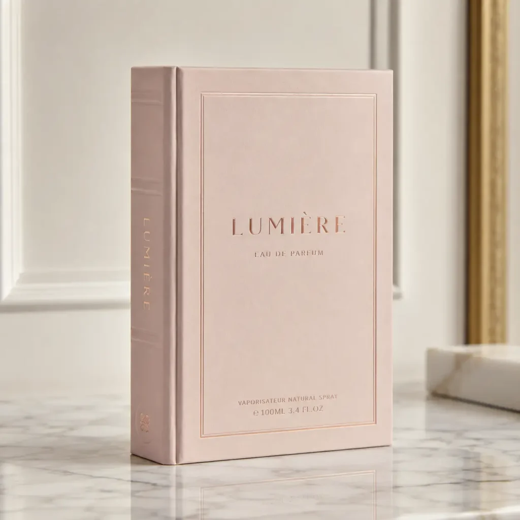 Lumière Eau de Parfum blush pink luxury perfume box on marble surface, rose gold foil typography, elegant French fragrance packaging