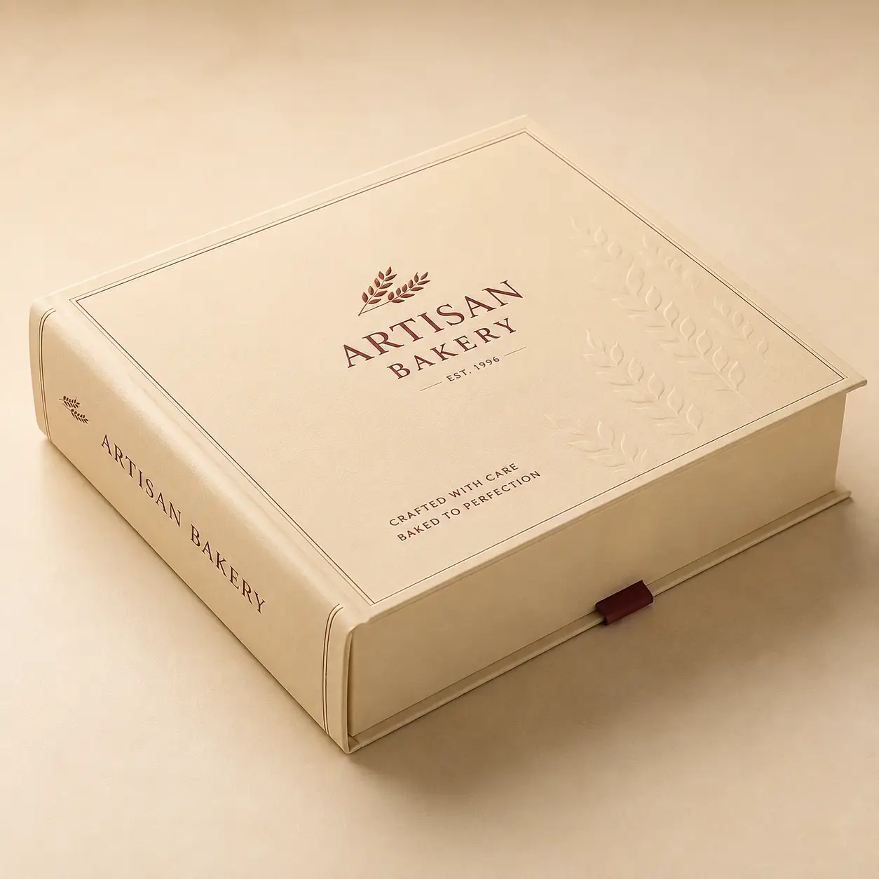 Elegant cream luxury bakery gift box with embossed wheat design, burgundy Artisan Bakery EST.1996 logo, book-style magnetic closure packaging