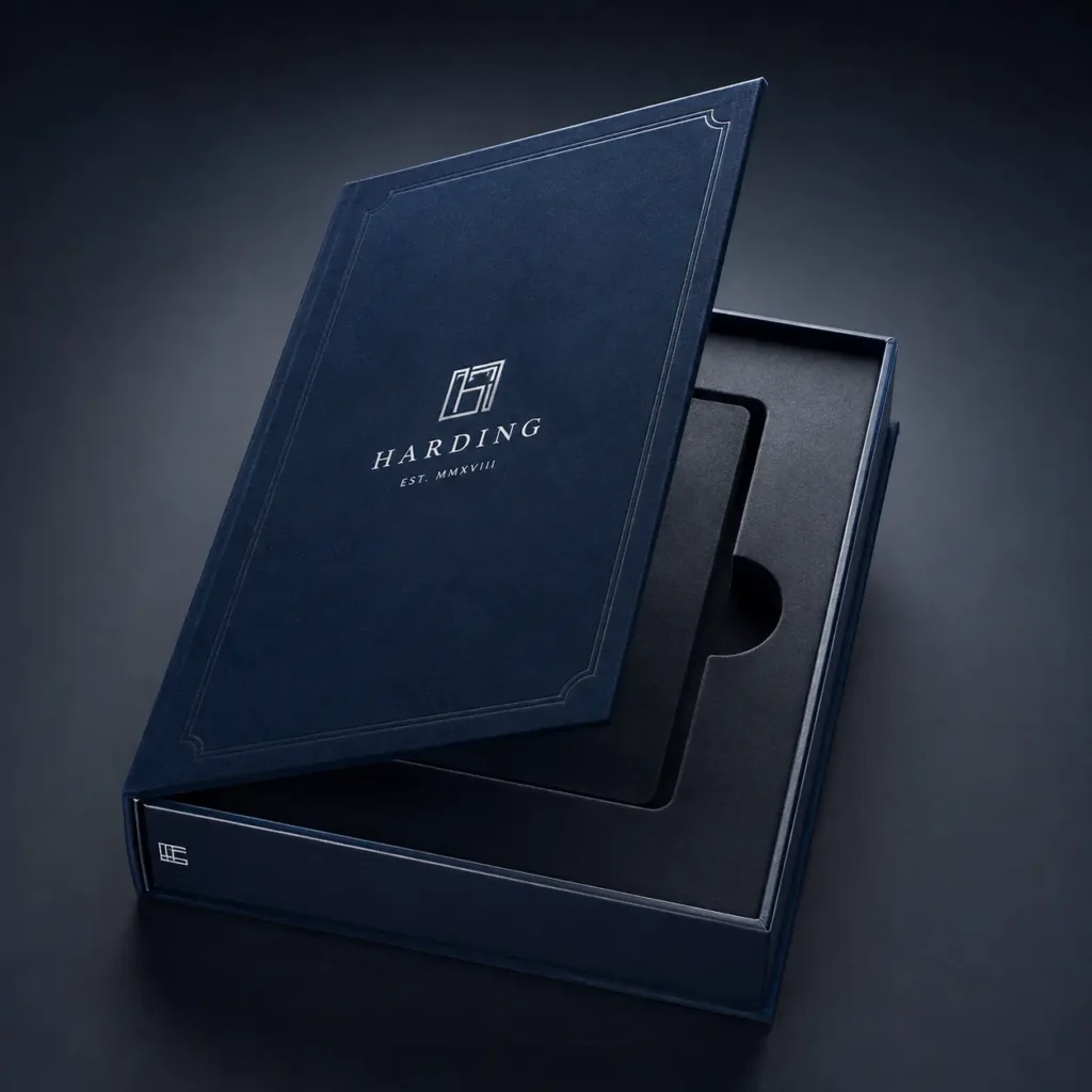 Navy blue luxury gift box with silver Harding Est. MMXVIII logo, premium rigid packaging with black foam insert, elegant unboxing design